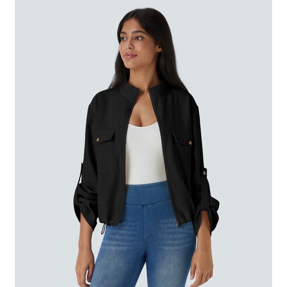 Halara XL Black Stand Collar Roll Tab Sleeve Drawstring Hem Zip Jacket